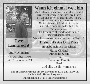 Traueranzeige von Uwe Lambrecht von Neue Osnabrücker Zeitung GmbH & Co. KG