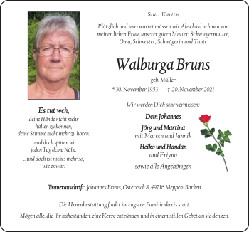 Traueranzeige von Walburga Bruns von Neue Osnabrücker Zeitung GmbH & Co. KG