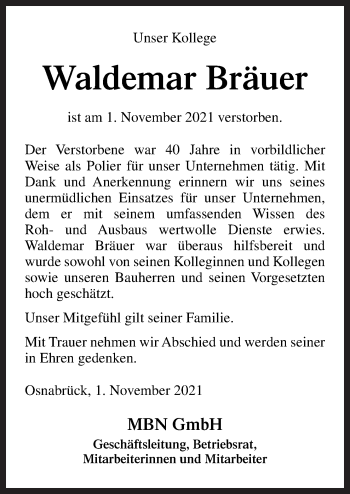 Traueranzeige von Waldemar Bräuer von Neue Osnabrücker Zeitung GmbH & Co. KG