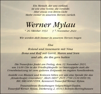 Traueranzeige von Werner Mylau von Neue Osnabrücker Zeitung GmbH & Co. KG