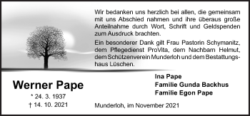 Traueranzeige von Werner Pape von Neue Osnabrücker Zeitung GmbH & Co. KG