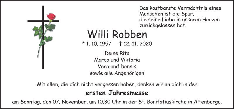  Traueranzeige für Willi Robben vom 03.11.2021 aus Neue Osnabrücker Zeitung GmbH & Co. KG