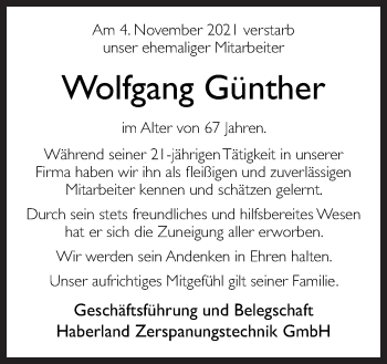 Traueranzeige von Wolfgang Günther von Neue Osnabrücker Zeitung GmbH & Co. KG