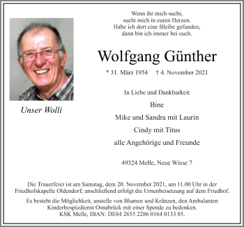 Traueranzeige von Wolfgang Günther von Neue Osnabrücker Zeitung GmbH & Co. KG