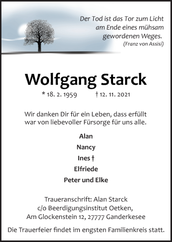 Traueranzeige von Wolfgang Starck von Neue Osnabrücker Zeitung GmbH & Co. KG