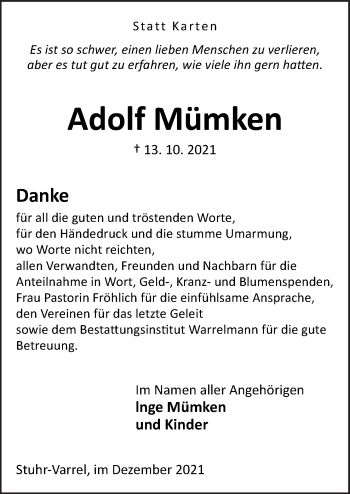 Traueranzeige von Adolf Mümken von Neue Osnabrücker Zeitung GmbH & Co. KG