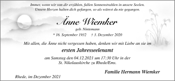 Traueranzeige von Änne Wiemker von Neue Osnabrücker Zeitung GmbH & Co. KG