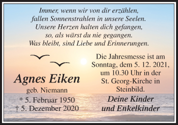 Traueranzeige von Agnes Eiken von Neue Osnabrücker Zeitung GmbH & Co. KG