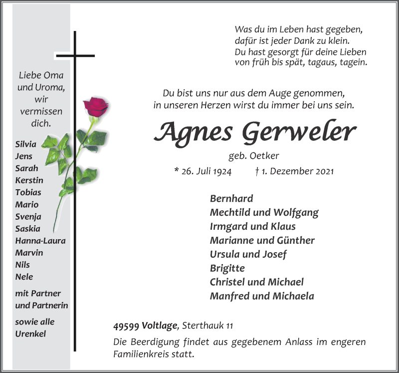  Traueranzeige für Agnes Gerweler vom 03.12.2021 aus Neue Osnabrücker Zeitung GmbH & Co. KG