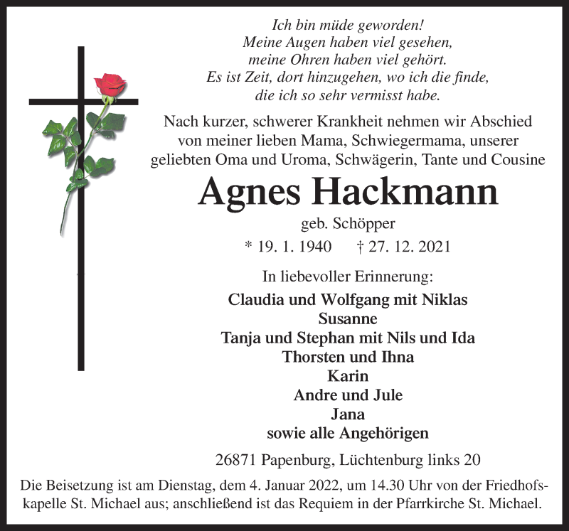  Traueranzeige für Agnes Hackmann vom 31.12.2021 aus Neue Osnabrücker Zeitung GmbH & Co. KG