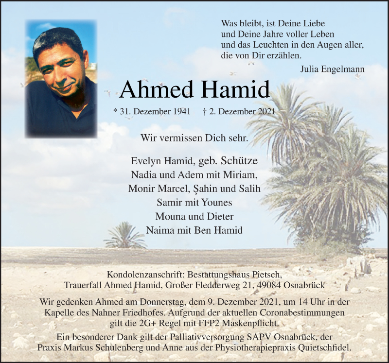  Traueranzeige für Ahmed Hamid vom 04.12.2021 aus Neue Osnabrücker Zeitung GmbH & Co. KG