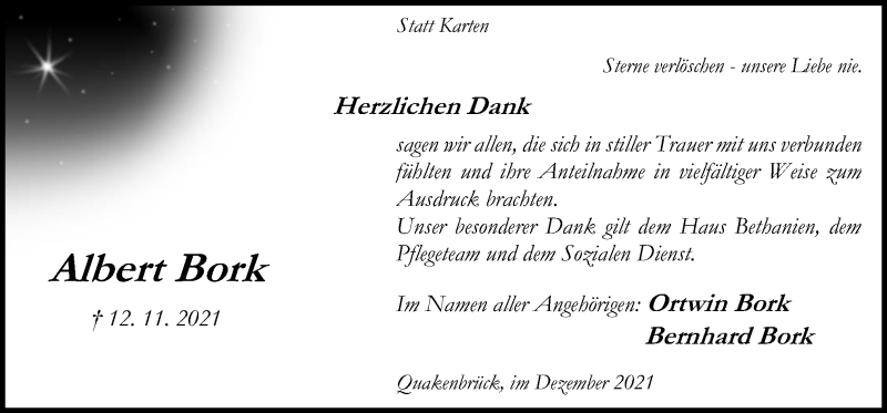  Traueranzeige für Albert Bork vom 11.12.2021 aus Neue Osnabrücker Zeitung GmbH & Co. KG