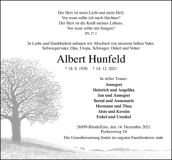 Traueranzeige von Albert Hunfeld von Neue Osnabrücker Zeitung GmbH & Co. KG