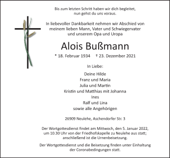 Traueranzeige von Alois Bußmann von Neue Osnabrücker Zeitung GmbH & Co. KG