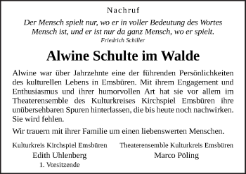 Traueranzeige von Alwine Schulte im Walde von Neue Osnabrücker Zeitung GmbH & Co. KG