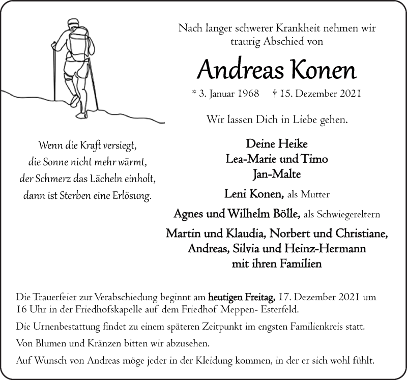  Traueranzeige für Andreas Konen vom 17.12.2021 aus Neue Osnabrücker Zeitung GmbH & Co. KG