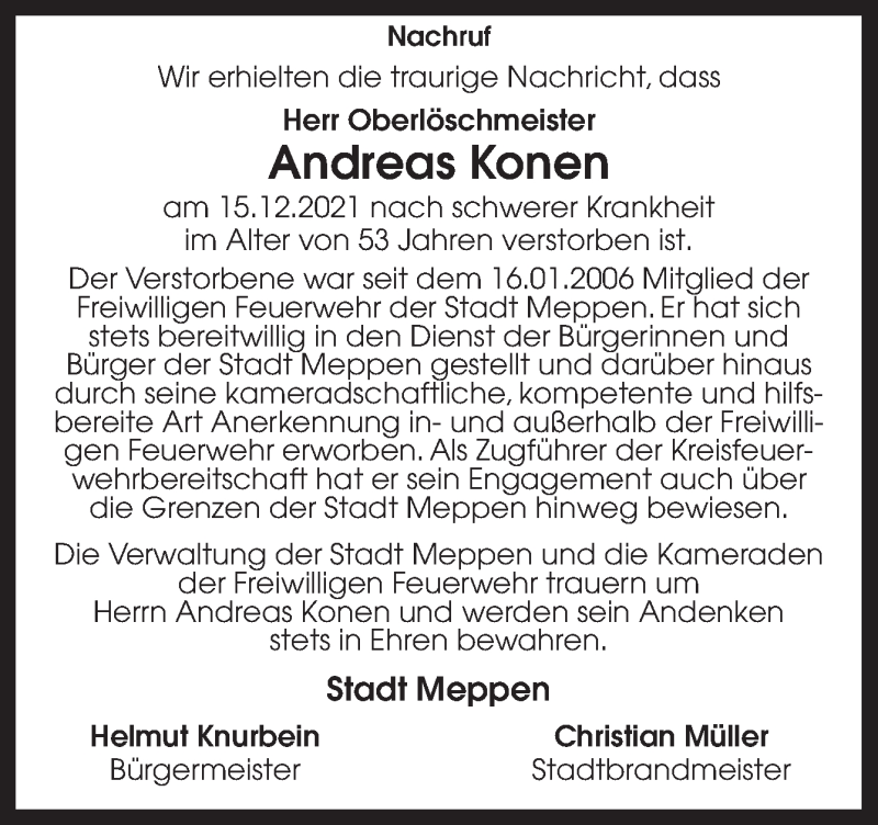  Traueranzeige für Andreas Konen vom 18.12.2021 aus Neue Osnabrücker Zeitung GmbH & Co. KG
