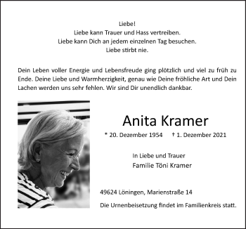 Traueranzeige von Anita Kramer von Neue Osnabrücker Zeitung GmbH & Co. KG