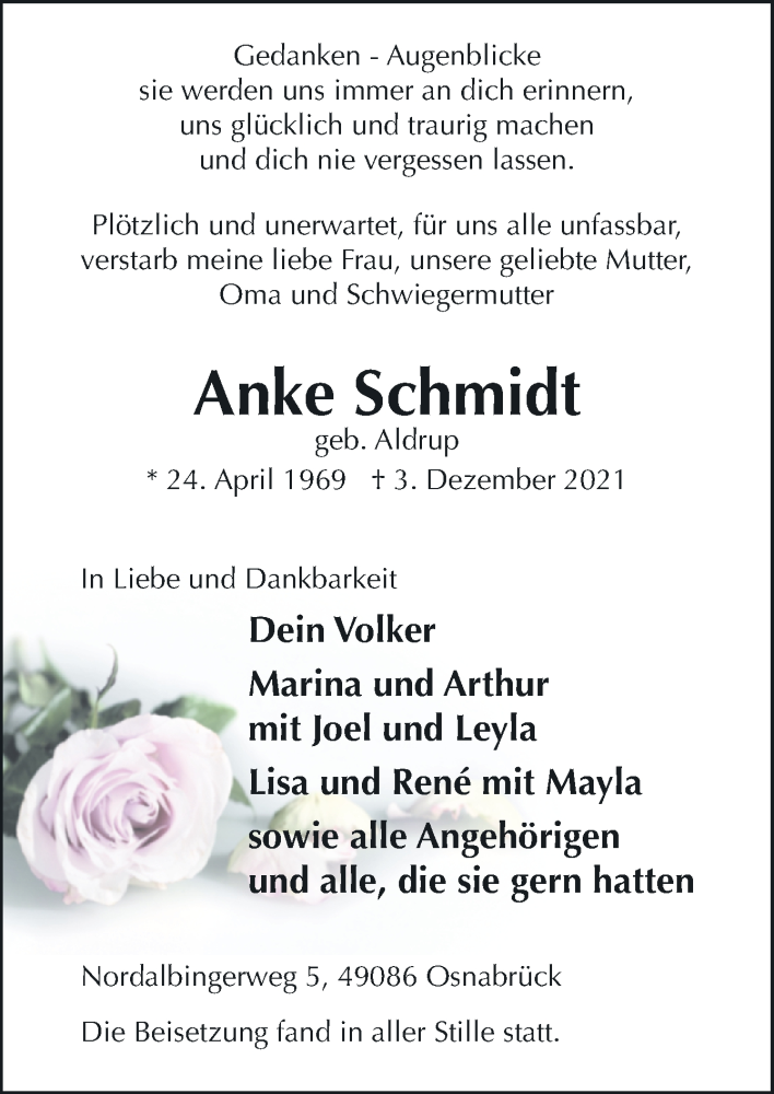  Traueranzeige für Anke Schmidt vom 18.12.2021 aus Neue Osnabrücker Zeitung GmbH & Co. KG