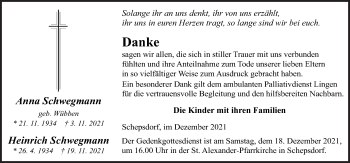 Traueranzeige von Anna Schwegmann von Neue Osnabrücker Zeitung GmbH & Co. KG