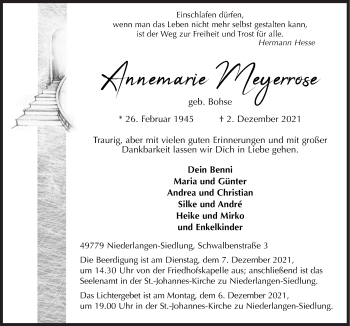 Traueranzeige von Annemarie Meyerrose von Neue Osnabrücker Zeitung GmbH & Co. KG