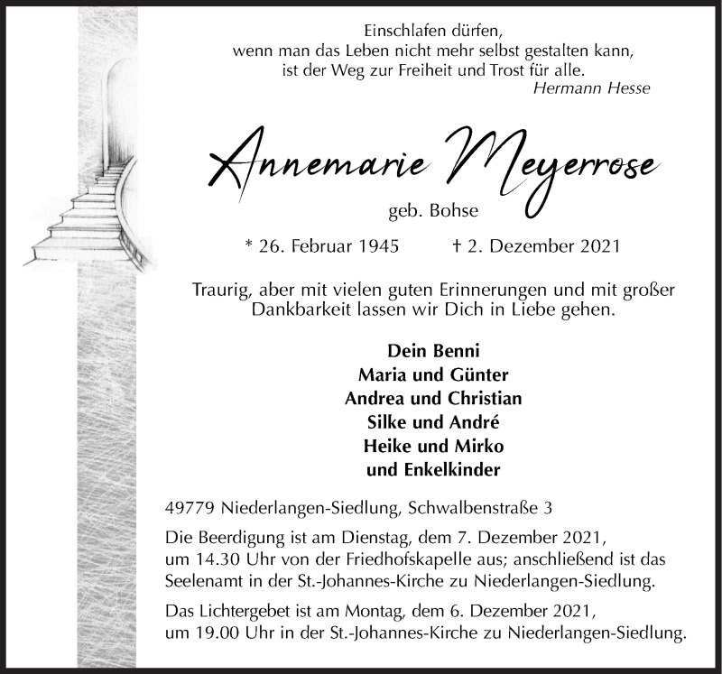  Traueranzeige für Annemarie Meyerrose vom 04.12.2021 aus Neue Osnabrücker Zeitung GmbH & Co. KG