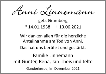 Traueranzeige von Anni Linnemann von Neue Osnabrücker Zeitung GmbH & Co. KG