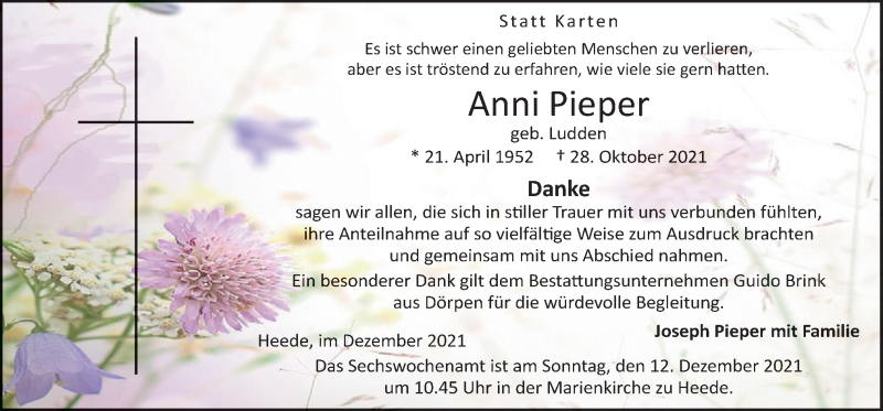  Traueranzeige für Anni Pieper vom 08.12.2021 aus Neue Osnabrücker Zeitung GmbH & Co. KG