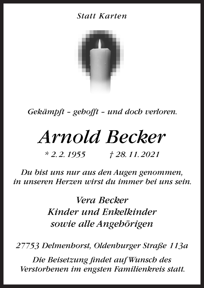  Traueranzeige für Arnold Becker vom 01.12.2021 aus Neue Osnabrücker Zeitung GmbH & Co. KG