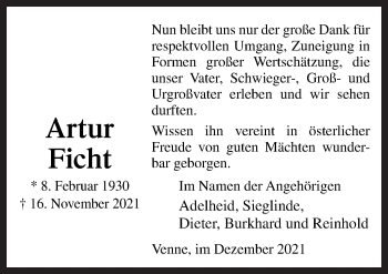 Traueranzeige von Artur Ficht von Neue Osnabrücker Zeitung GmbH & Co. KG