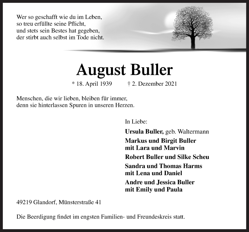  Traueranzeige für August Buller vom 04.12.2021 aus Neue Osnabrücker Zeitung GmbH & Co. KG