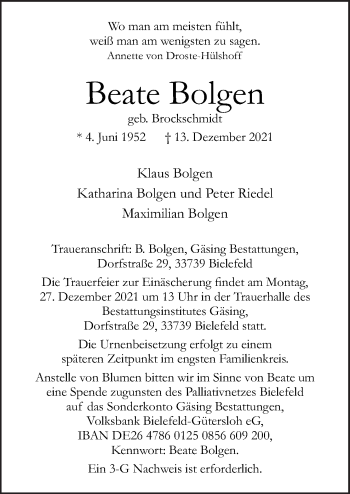 Traueranzeige von Beate Bolgen von Neue Osnabrücker Zeitung GmbH & Co. KG