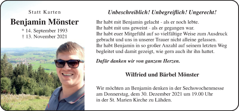  Traueranzeige für Benjamin Mönster vom 28.12.2021 aus Neue Osnabrücker Zeitung GmbH & Co. KG