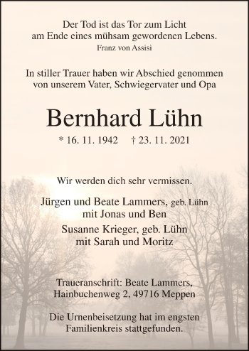 Traueranzeige von Bernhard Lühn von Neue Osnabrücker Zeitung GmbH & Co. KG