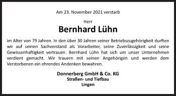 Traueranzeige von Bernhard Lühn von Neue Osnabrücker Zeitung GmbH & Co. KG