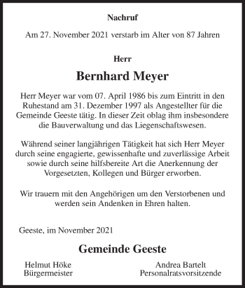 Traueranzeige von Bernhard Meyer von Neue Osnabrücker Zeitung GmbH & Co. KG