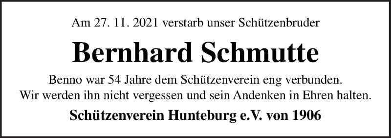 Traueranzeige für Bernhard Schmutte vom 04.12.2021 aus Neue Osnabrücker Zeitung GmbH & Co. KG