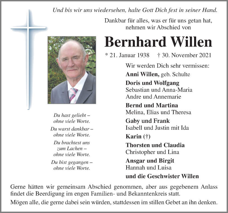  Traueranzeige für Bernhard Willen vom 04.12.2021 aus Neue Osnabrücker Zeitung GmbH & Co. KG