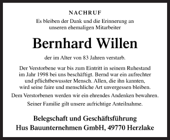 Traueranzeige von Bernhard Willen von Neue Osnabrücker Zeitung GmbH & Co. KG