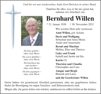 Traueranzeige von Bernhard Willen von Neue Osnabrücker Zeitung GmbH & Co. KG