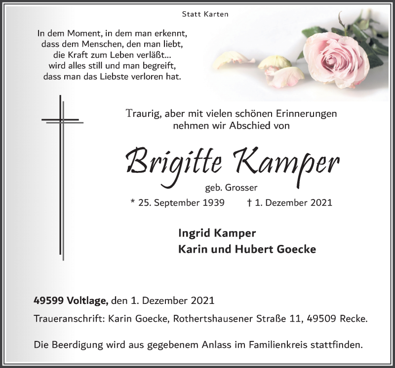  Traueranzeige für Brigitte Kamper vom 03.12.2021 aus Neue Osnabrücker Zeitung GmbH & Co. KG
