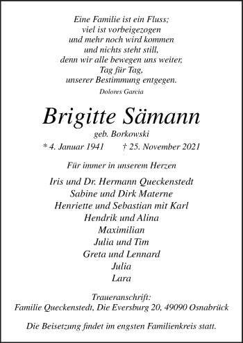 Traueranzeige von Brigitte Sämann von Neue Osnabrücker Zeitung GmbH & Co. KG