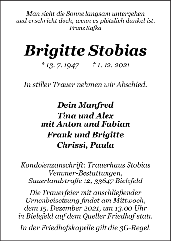 Traueranzeige von Brigitte Stobias von Neue Osnabrücker Zeitung GmbH & Co. KG