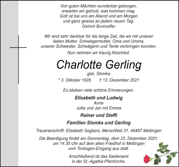 Traueranzeige von Charlotte Gerling von Neue Osnabrücker Zeitung GmbH & Co. KG