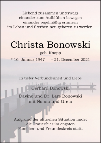 Traueranzeige von Christa Bonowski von Neue Osnabrücker Zeitung GmbH & Co. KG