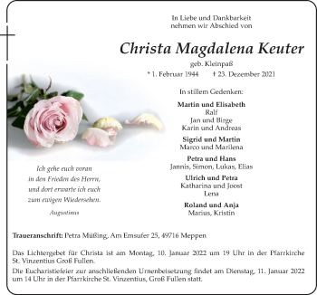 Traueranzeige von Christa Magdalena Keuter von Neue Osnabrücker Zeitung GmbH & Co. KG