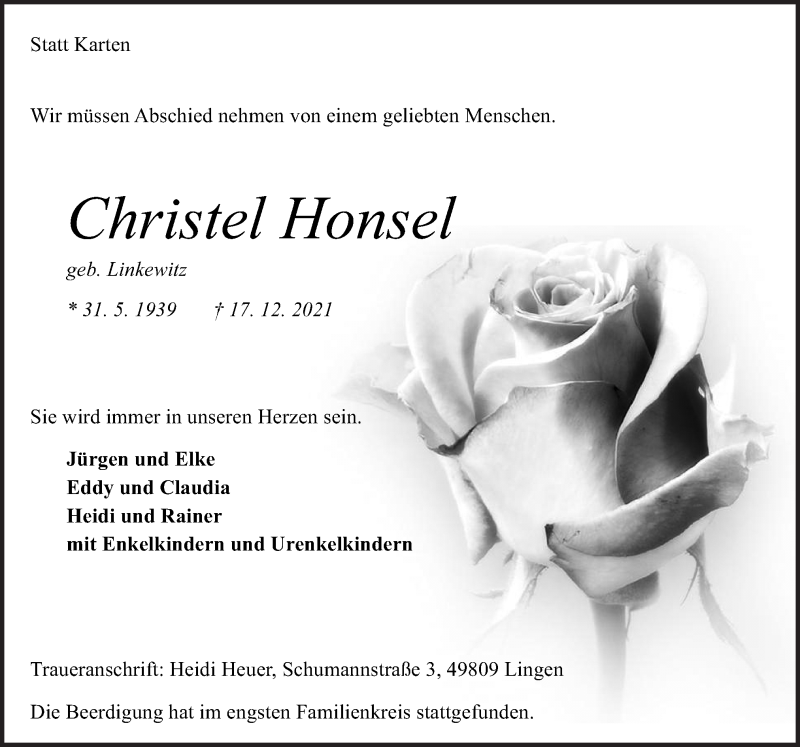  Traueranzeige für Christel Honsel vom 22.12.2021 aus Neue Osnabrücker Zeitung GmbH & Co. KG