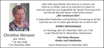 Traueranzeige von Christine Illenseer von Neue Osnabrücker Zeitung GmbH & Co. KG