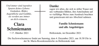 Traueranzeige von Clara Schmiemann von Neue Osnabrücker Zeitung GmbH & Co. KG