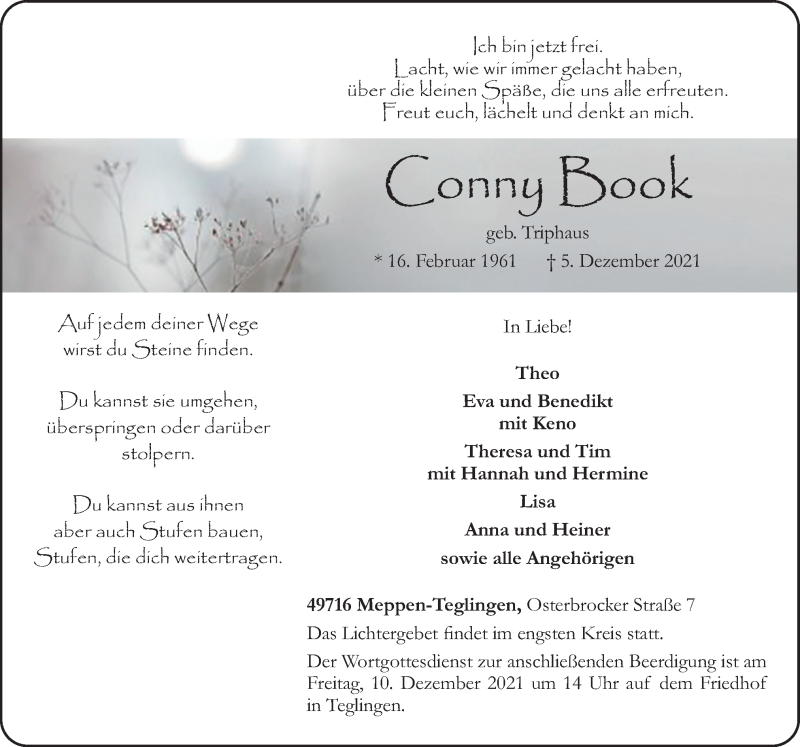  Traueranzeige für Conny Book vom 08.12.2021 aus Neue Osnabrücker Zeitung GmbH & Co. KG